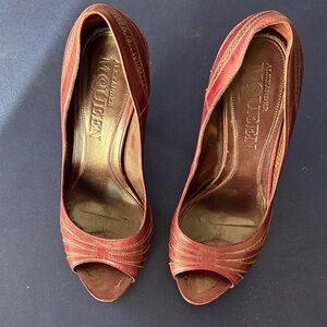 Alexander McQueen Burgundy Peep Toe Heels